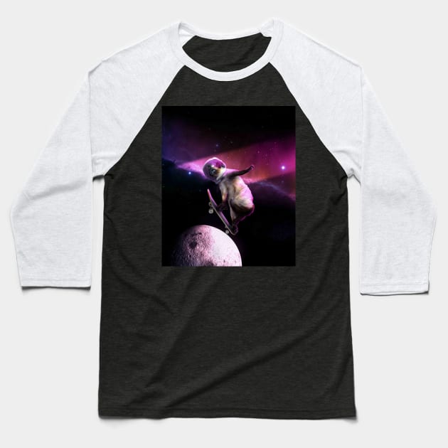 Cat Astronaut Skateboarding Baseball T-Shirt by Random Galaxy